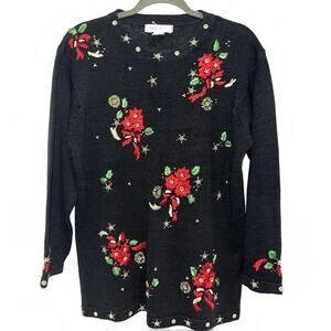 Christmas Sweater Women Size S black Poinsettia Embroidered Grandma Teacher VTG
